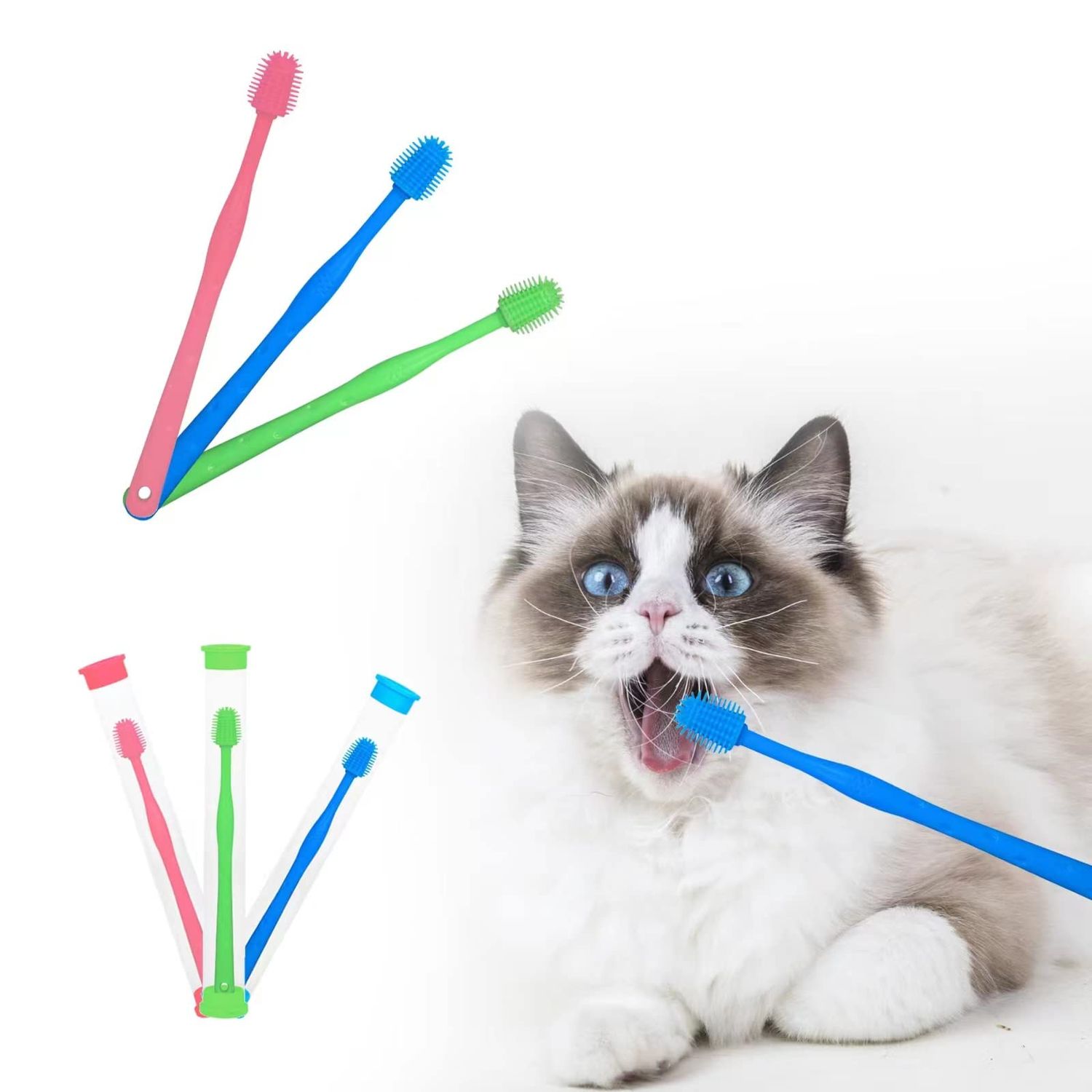 CUECOMER 3 Pack Cat Toothbrush with 360-degree Head,Full Surround Bristles Silicone Safe, Effective and Deep Pet Teeth Cleaning,Brush Away Bad Breath Toothbrush cat Teeth Cleaning Health Care