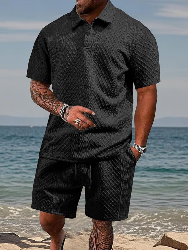 Textured Polo Shirt and Shorts Set