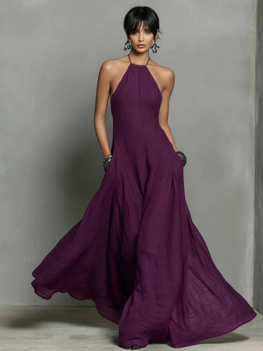 Women's Minimalist Linen Blend Halter Neck Sleeveless Maxi Dress