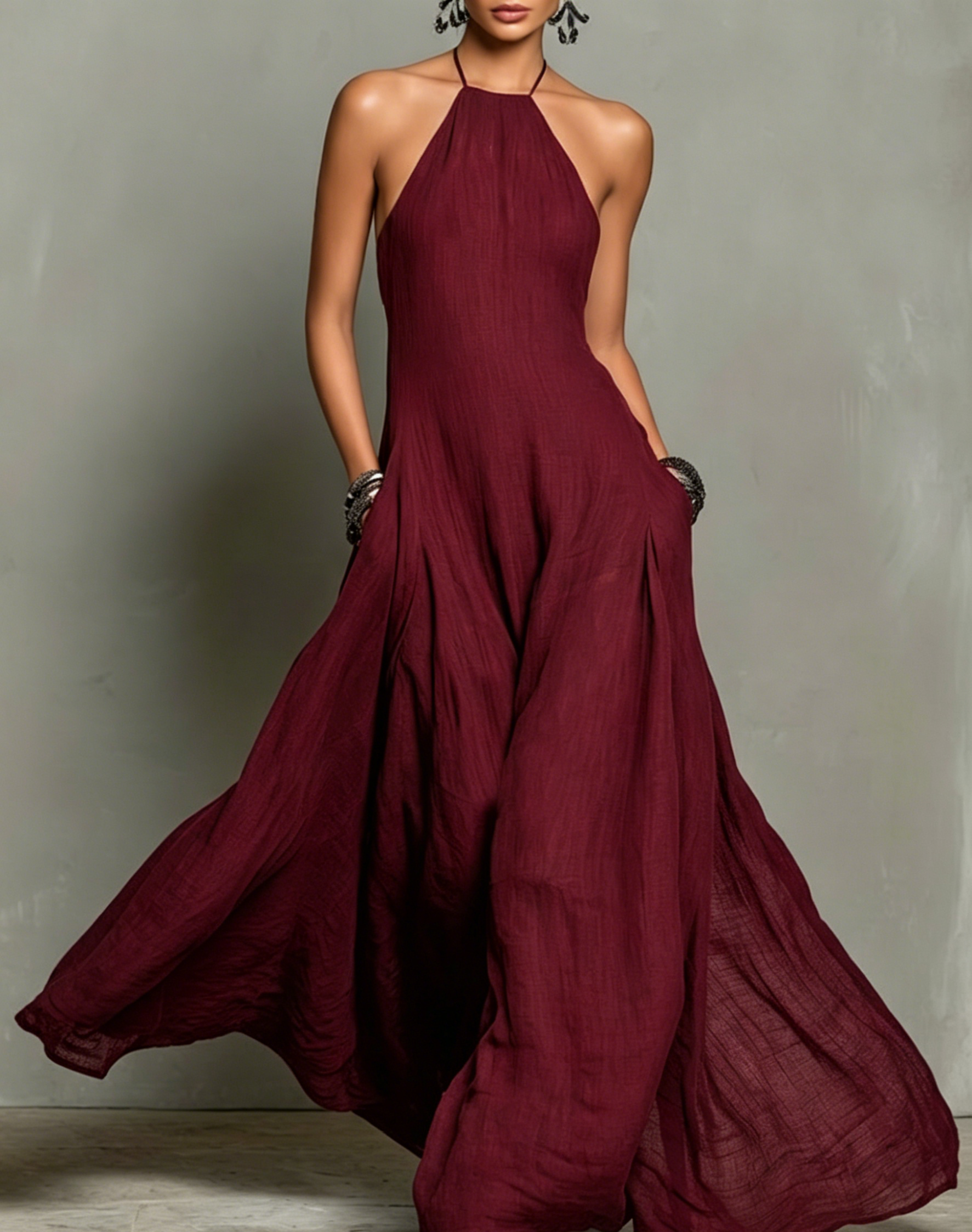 Women's Minimalist Linen Blend Halter Neck Sleeveless Maxi Dress