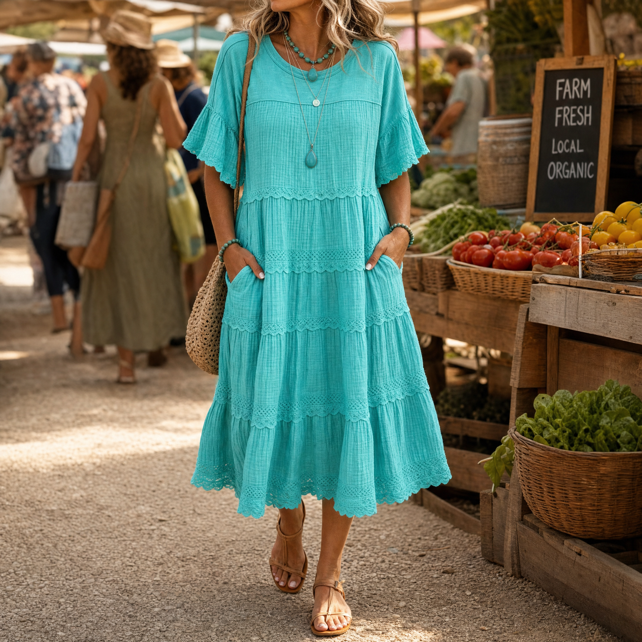 Tiered Lace Midi Dress with Hidden Pockets