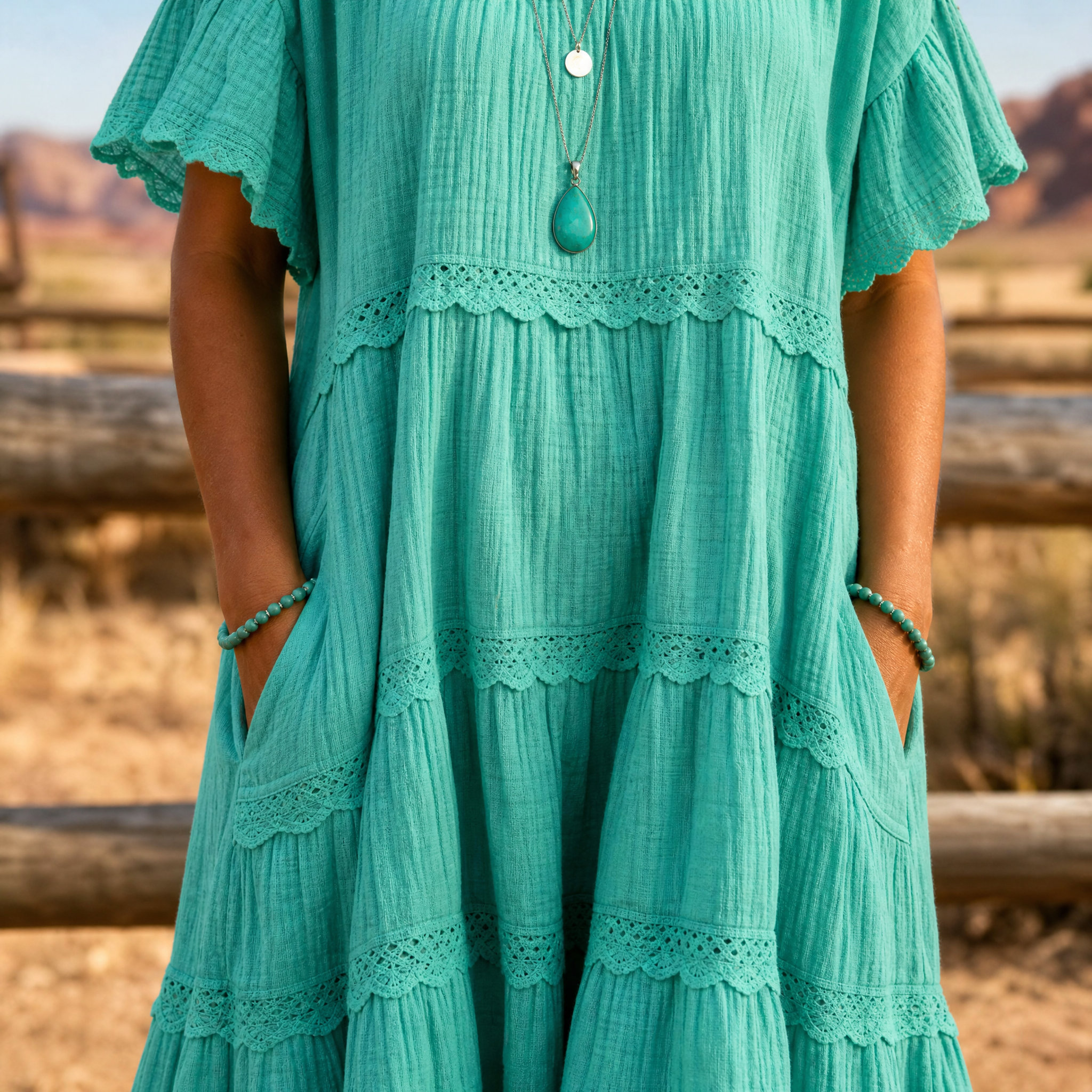 Tiered Lace Midi Dress with Hidden Pockets