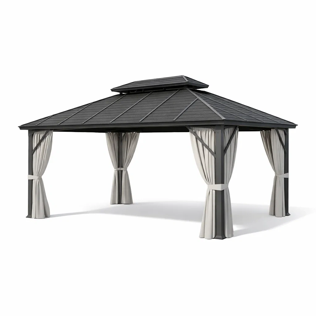Gartenpavillon aus Stahl mit Polyester-Vorhängen Schwarz 400 x 300 x 270 cm-Furniavexo