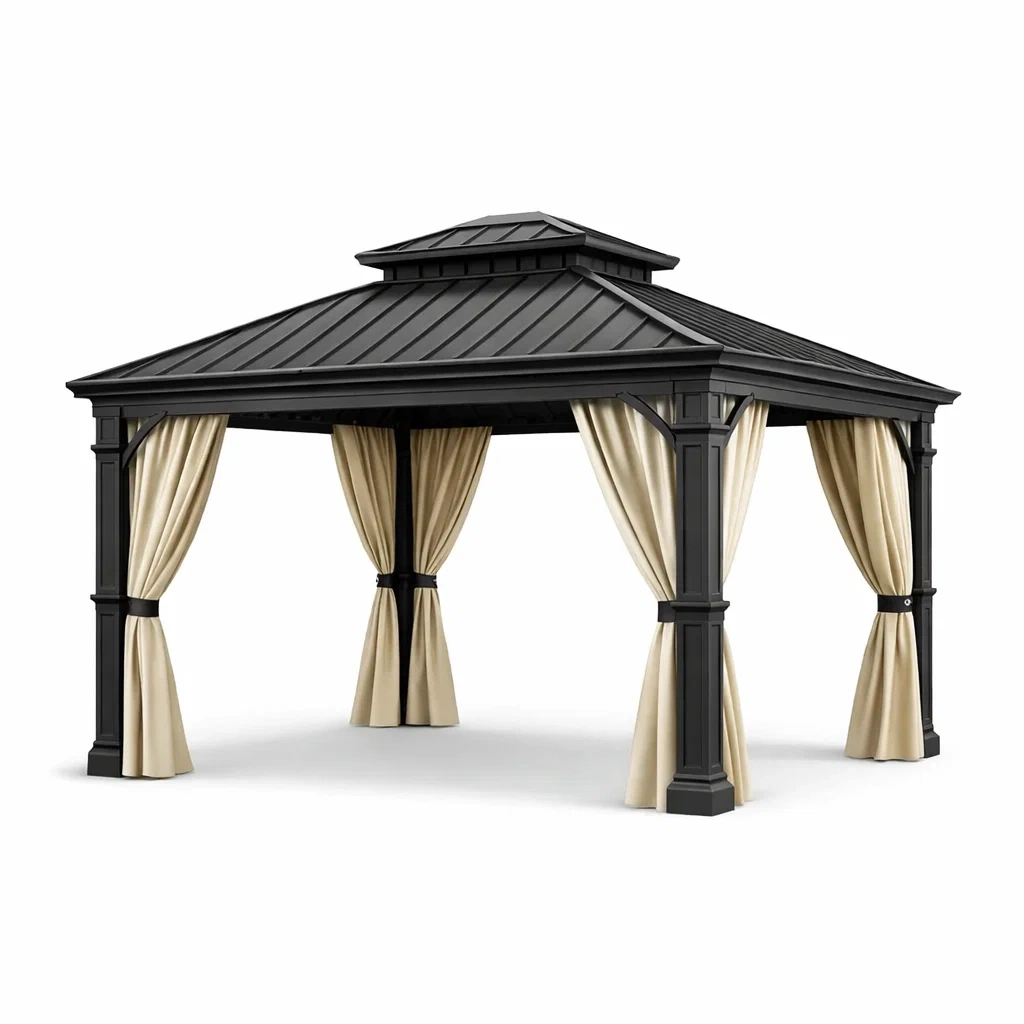 Aluminium-Pavillon mit Polyester-Vorhängen Schwarz/Beige 300x400 cm-Furniavexo