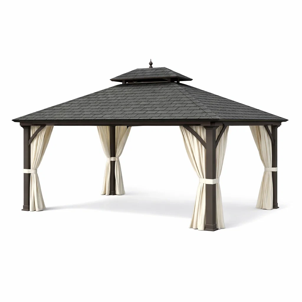 6x4 m Pavillon mit Vorhängen aus Aluminium-Holzoptik Schwarz/Braun-Furniavexo
