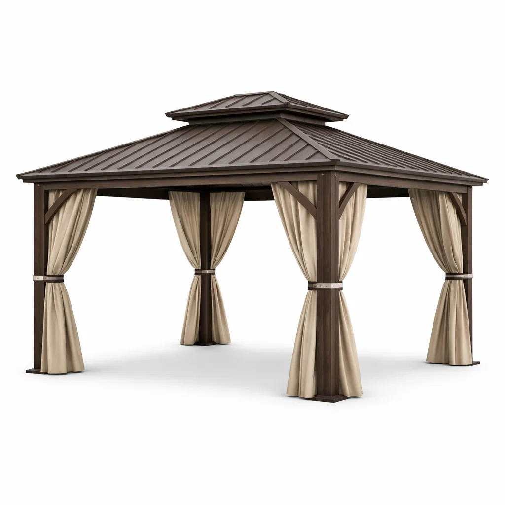 Metall Gartenpavillon mit Polyester Vorhängen, Braun/Beige, 300x300x260 cm-Furniavexo