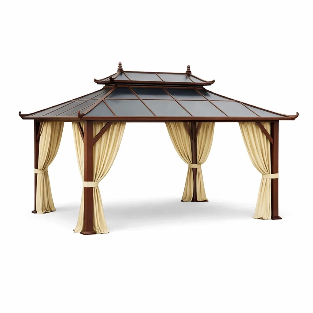 Pavillon aus Stahl mit Polycarbonat-Dach und Polyester Vorhängen 400x300x250 cm Braun/Beige-Furniavexo