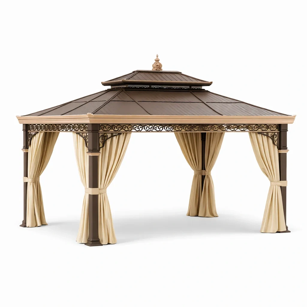Aluminium Pavillon mit Polyester Vorhängen 400 cm x 300 cm Braun/Beige-Furniavexo