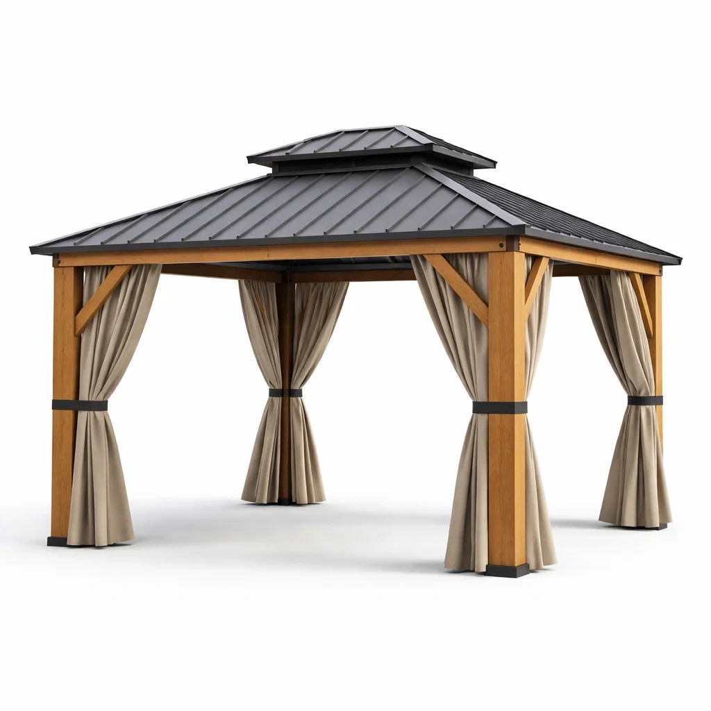 Pavillon aus Holz mit Aluminiumdach und Polyester Vorhänge 3m x 4m-Furniavexo