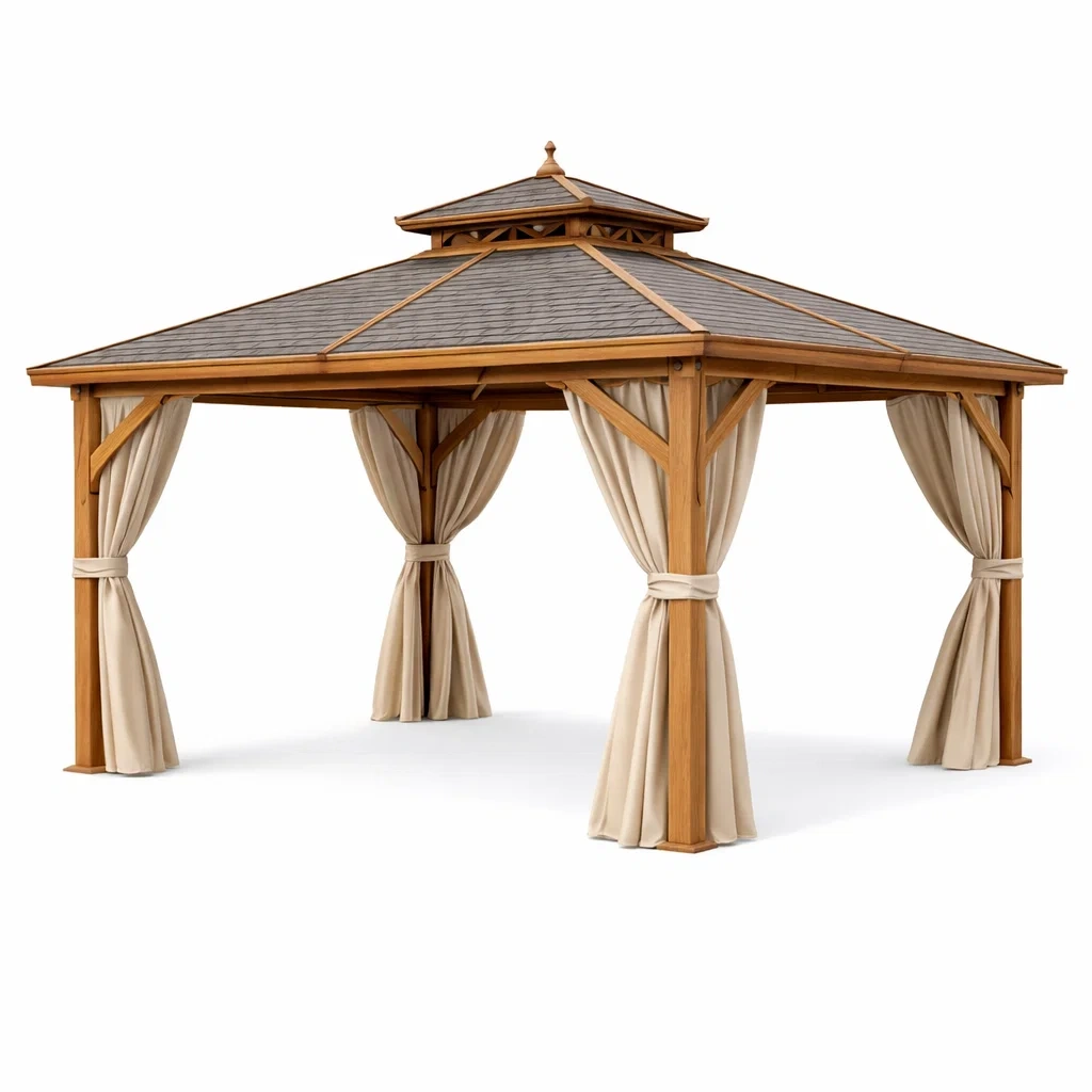 Holzpavillon mit Vorhängen und belüftetem Dach-Furniavexo