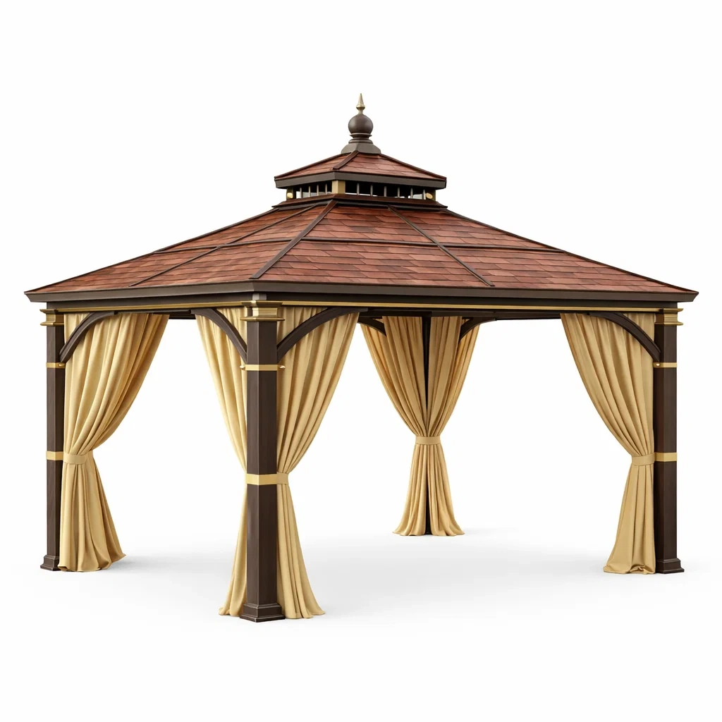 Gartenpavillon aus Stahl und Aluminium mit Polyester Vorhängen 3x4m Braun/Gold-Furniavexo