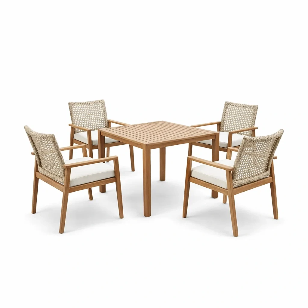 Quadratisches Teakholz-Esstisch-Set mit Polyrattan, 90x90 cm, 4 Stühle-Furniavexo