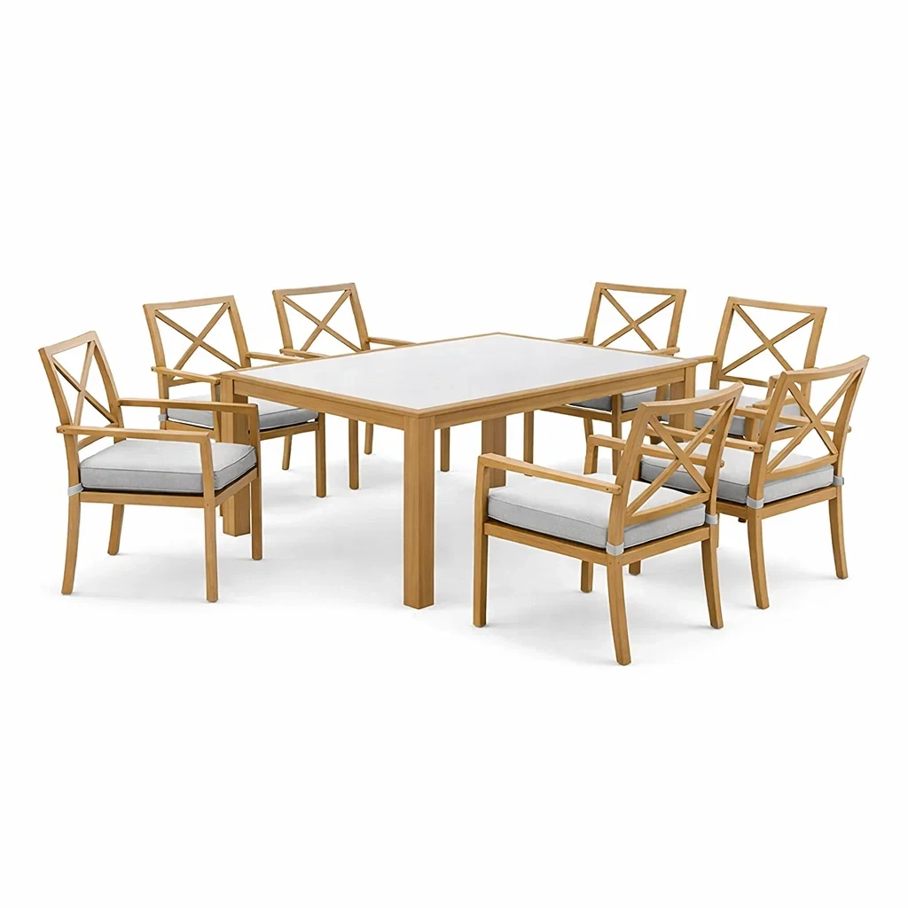 Essgruppe 7-teilig aus Teakholz mit Tisch und Stühlen in Naturholz/Weiß-Furniavexo