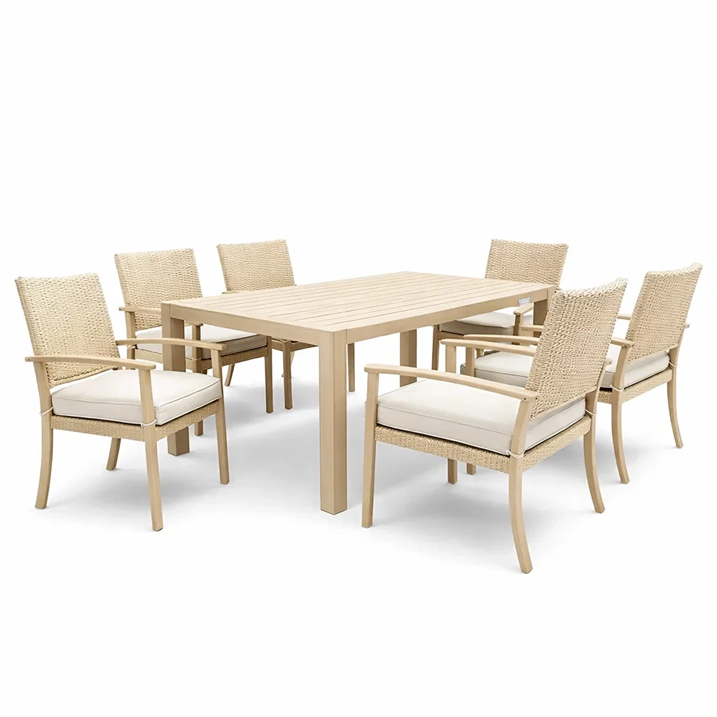 Gartenmöbelset: Rechteckiger Tisch und 6 Stühle aus Holz und Rattan, Beige-Furniavexo
