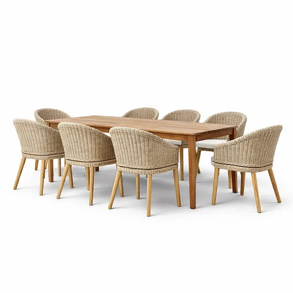 Teakholz Esstisch-Set mit 8 Rattan-Stühlen, rechteckig-Furniavexo