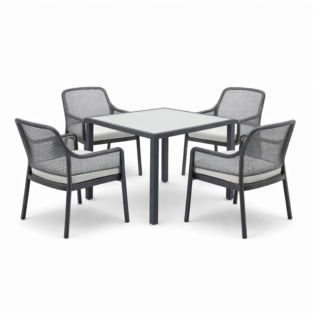 Gartenmöbel Set aus Aluminium mit Glas Tisch und 4 Stühlen Grau-Furniavexo