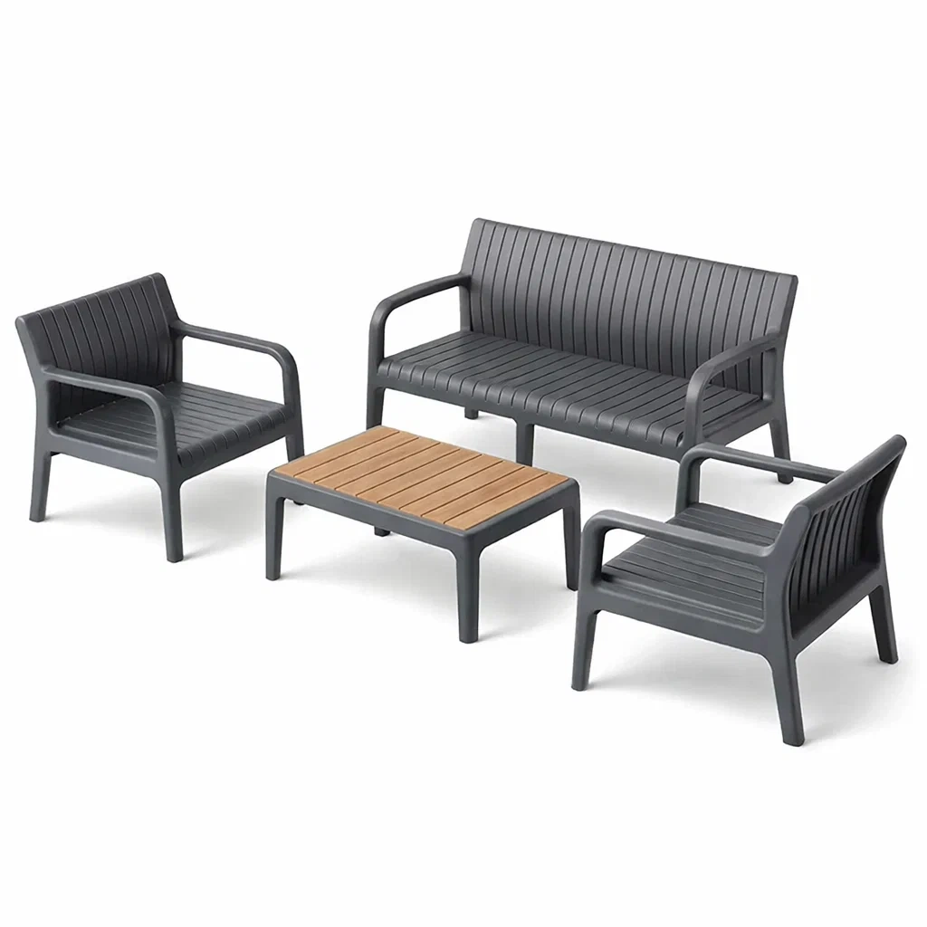 4-teiliges Gartenmöbel-Set aus Kunststoff in Dunkelgrau/Holzoptik-Furniavexo
