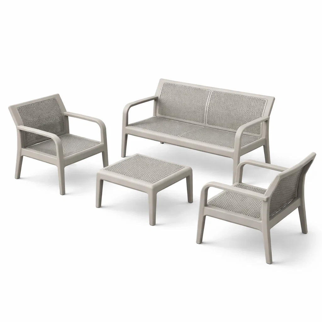 Gartenmöbel-Set aus Kunststoff mit Sitzbank, 2 Sesseln und Tisch in Beige-Furniavexo