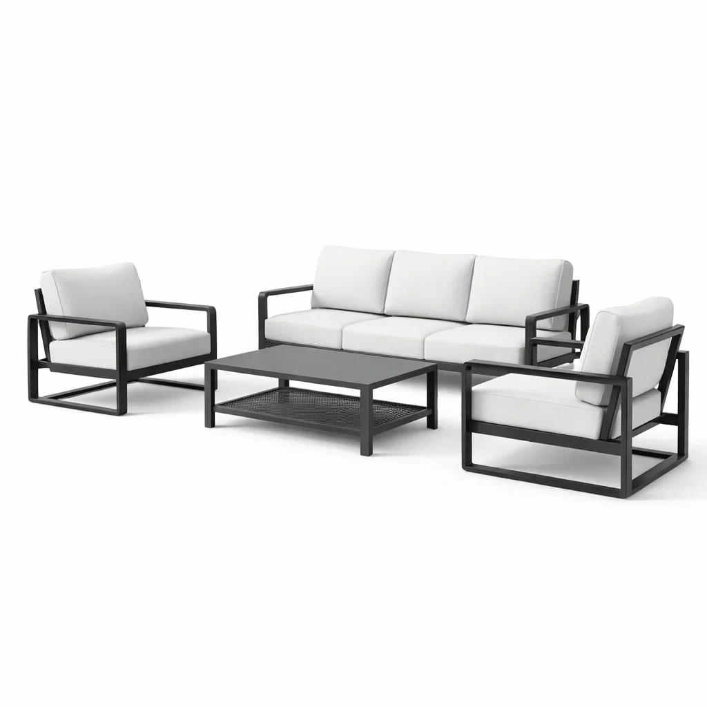 Gartenmöbelset aus Aluminium mit Polyesterkissen, Weiß/Schwarz-Furniavexo