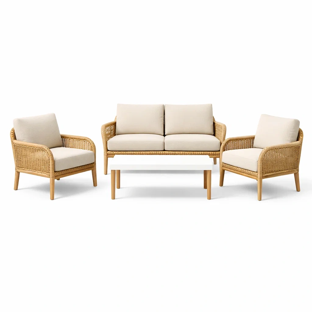 Gartenmöbel-Set aus Holz und Rattan, Cremefarben-Furniavexo