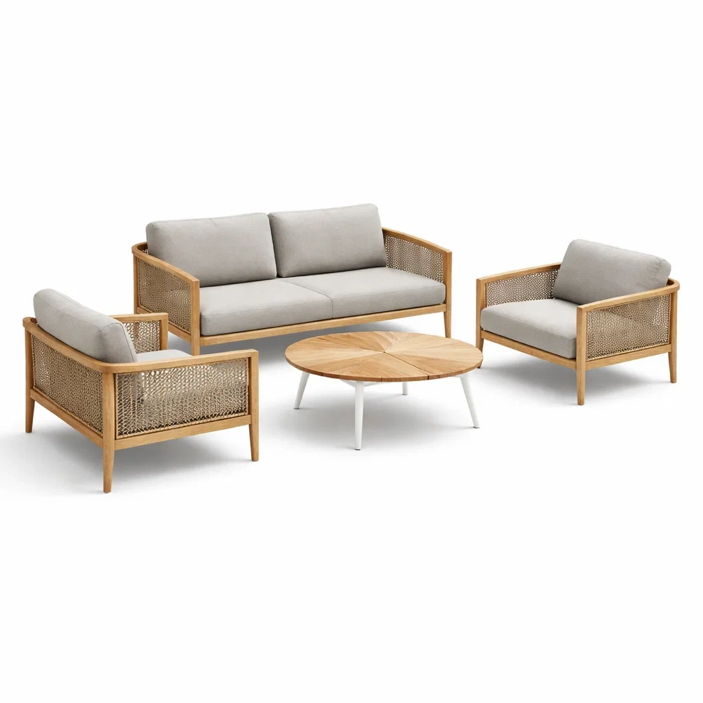 Outdoor-Möbelset aus Teakholz, Rattan mit Sofa, Sesseln und Tisch-Furniavexo