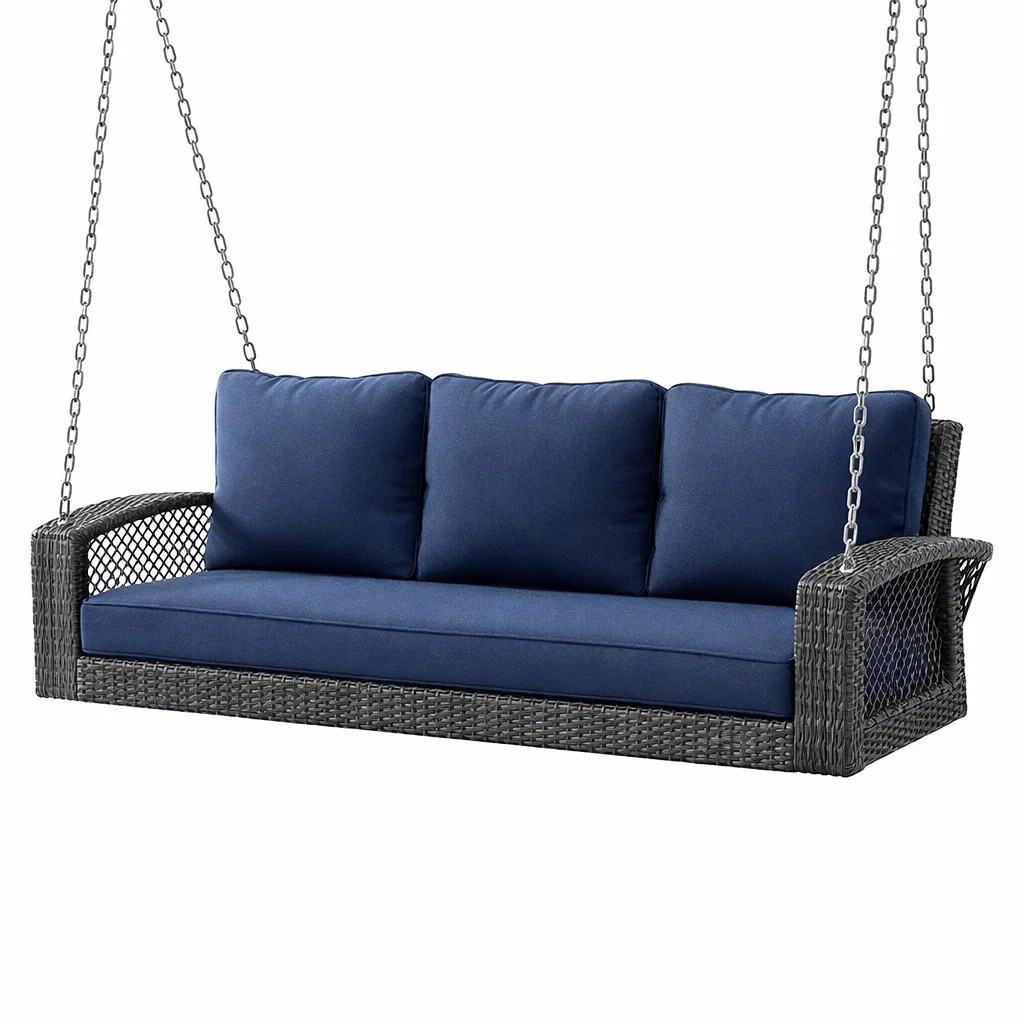 Terrassenschaukel 3-Sitzer mit Metallrahmen und Polyethylengeflecht, Blau-Furniavexo