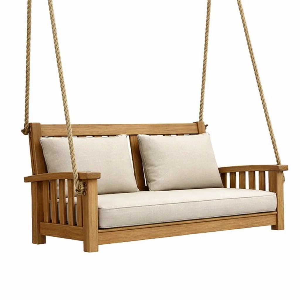 Hängeschaukelbank aus Holz mit Polyesterkissen Beige 160cm-Furniavexo