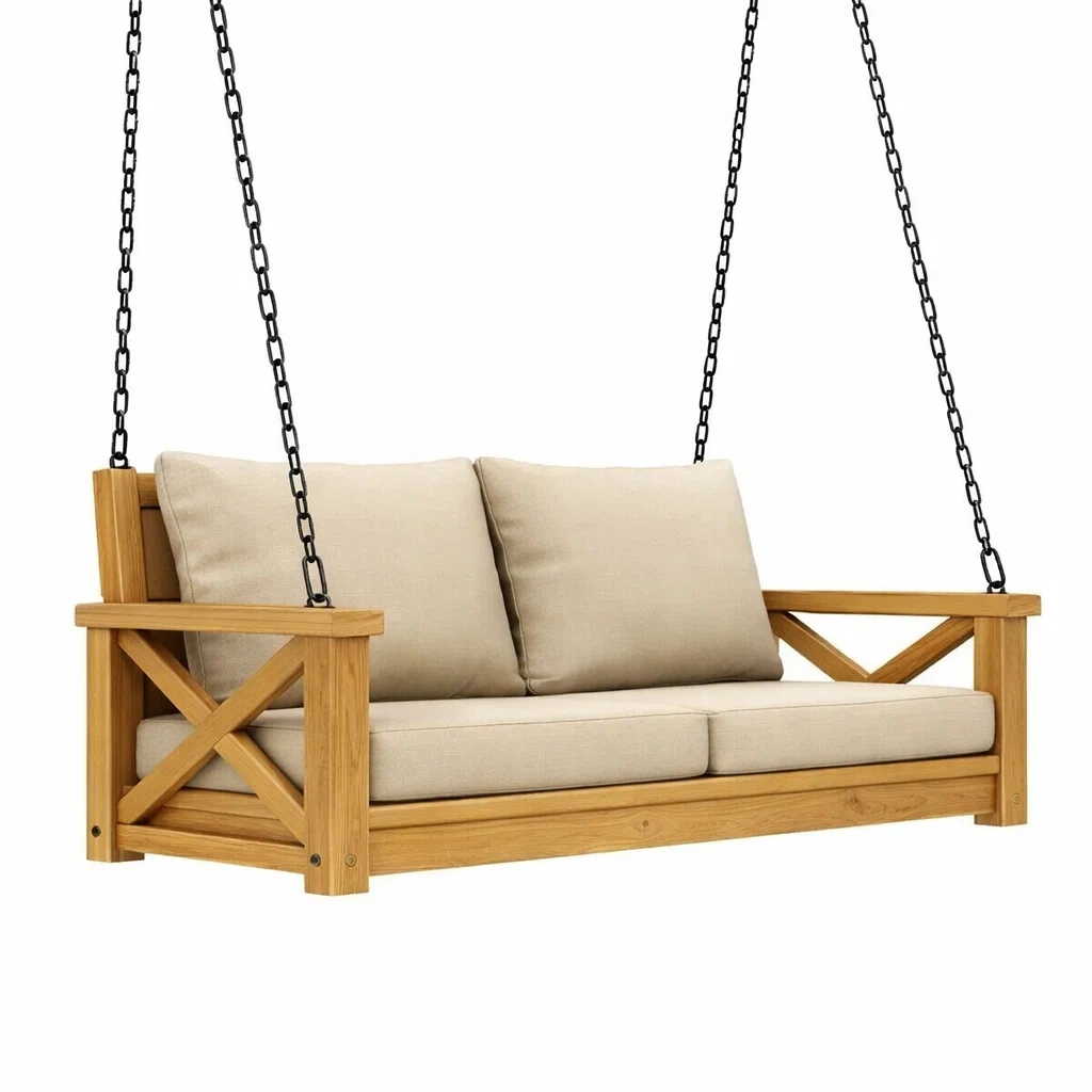 Outdoor Holzschaukelbank mit Polyesterkissen, Beige, 150 cm-Furniavexo