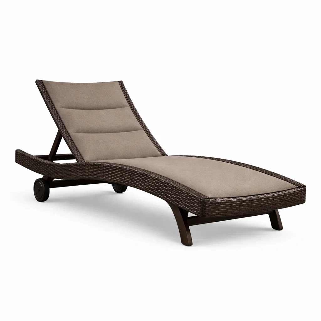 Gartenliege aus Polyrattan mit verstellbarer Rückenlehne und Rädern, Braun/Beige-Furniavexo