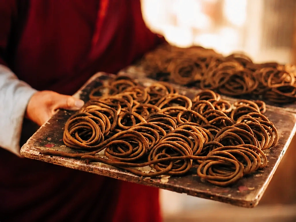 Hands holding a tray filled with brown incense coils