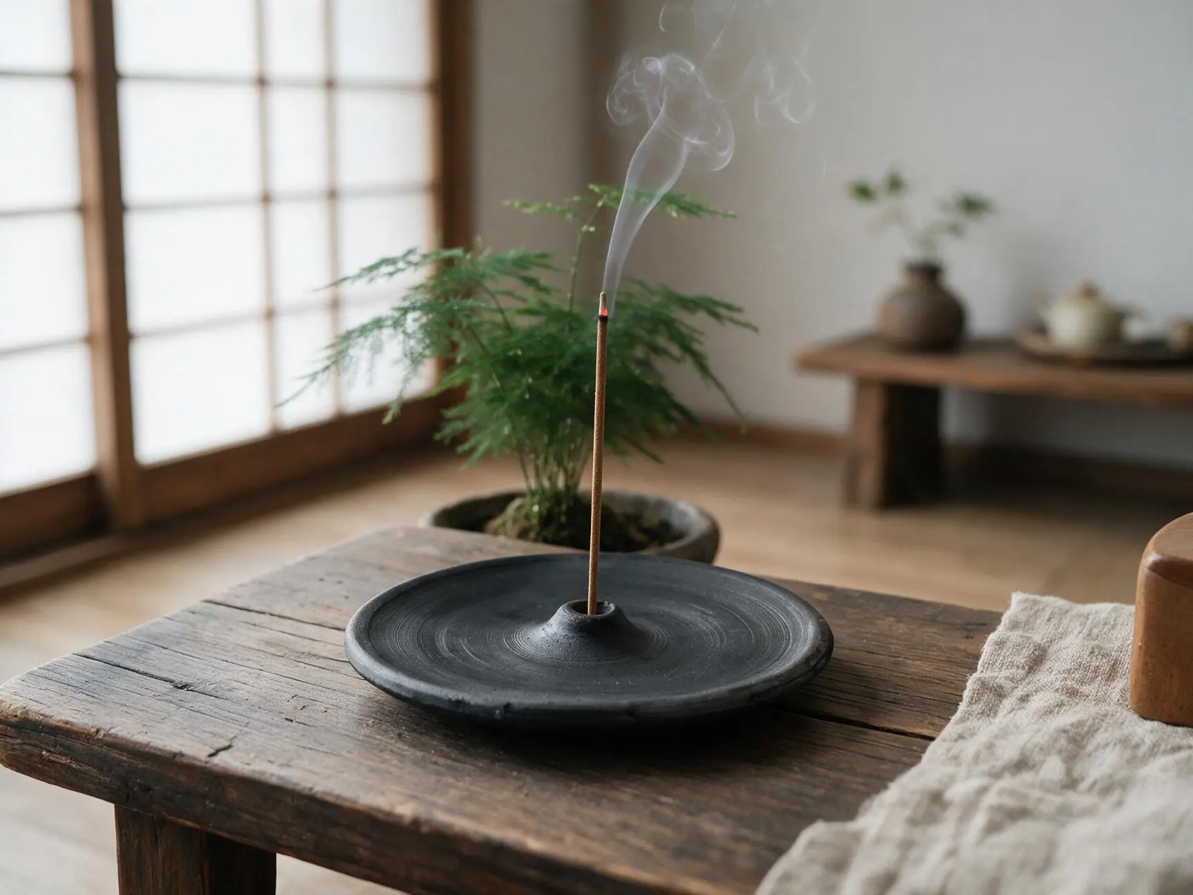 Dawa black pottery incense holder with a burning incense stick on a wooden table beside a window