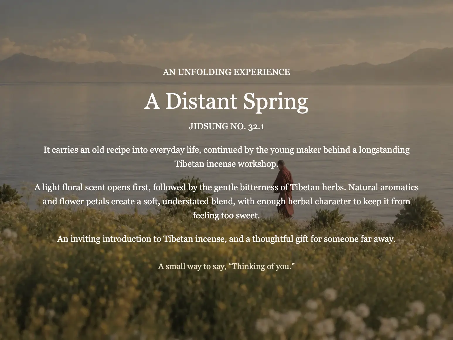 A Distant Spring poster for Jid Sung 32.1 incense, with text over a misty meadow landscape
