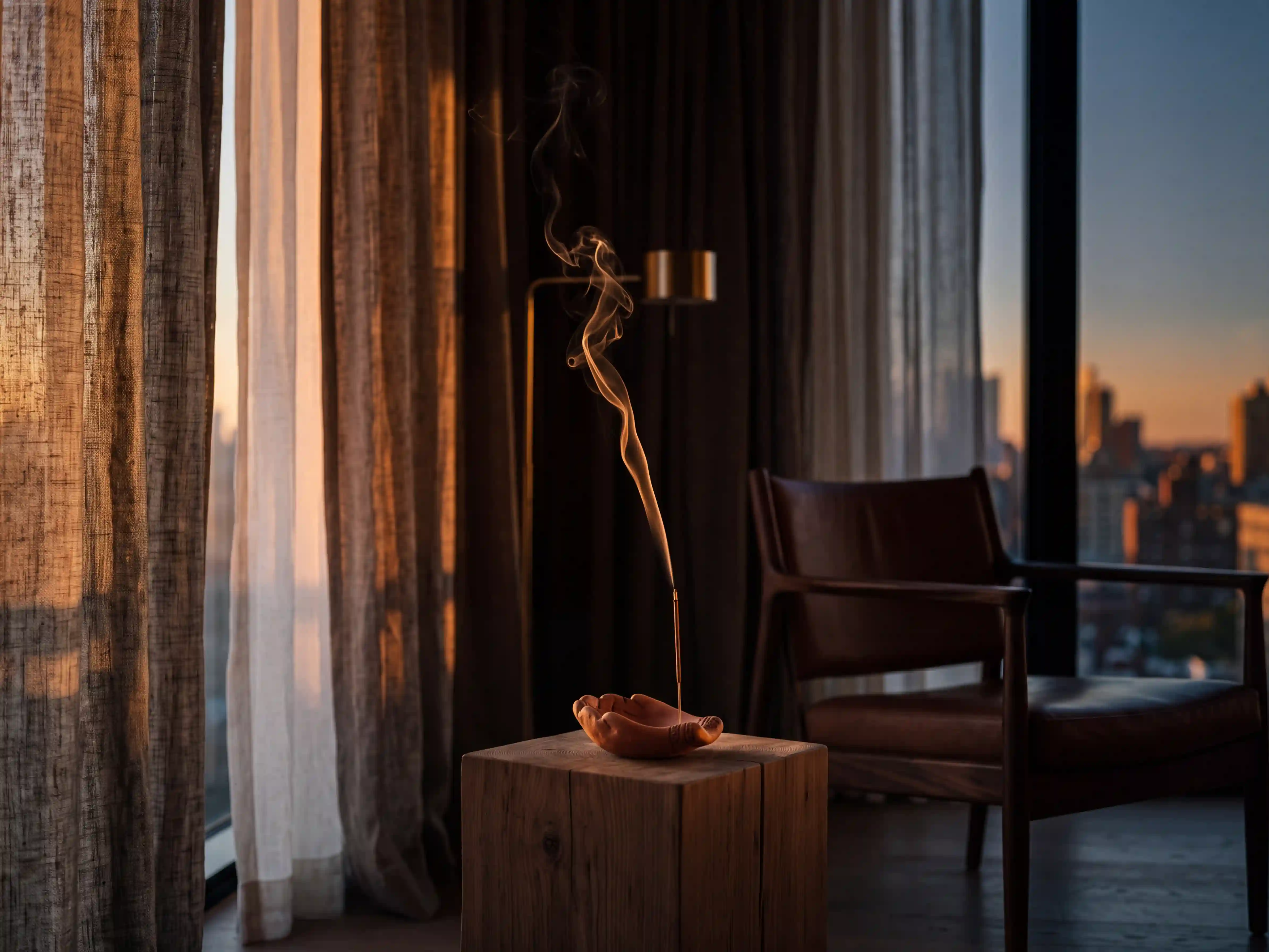 Incense smoke rising from a holder on a small wooden table beside a window and an armchair