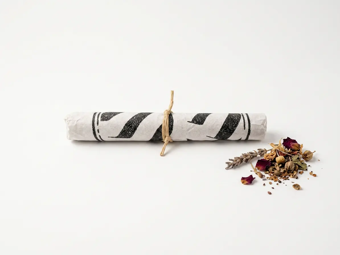 Jid Sung 32.1 incense wrapped in white paper with a black pattern, tied with string, beside dried flowers and botanical pieces