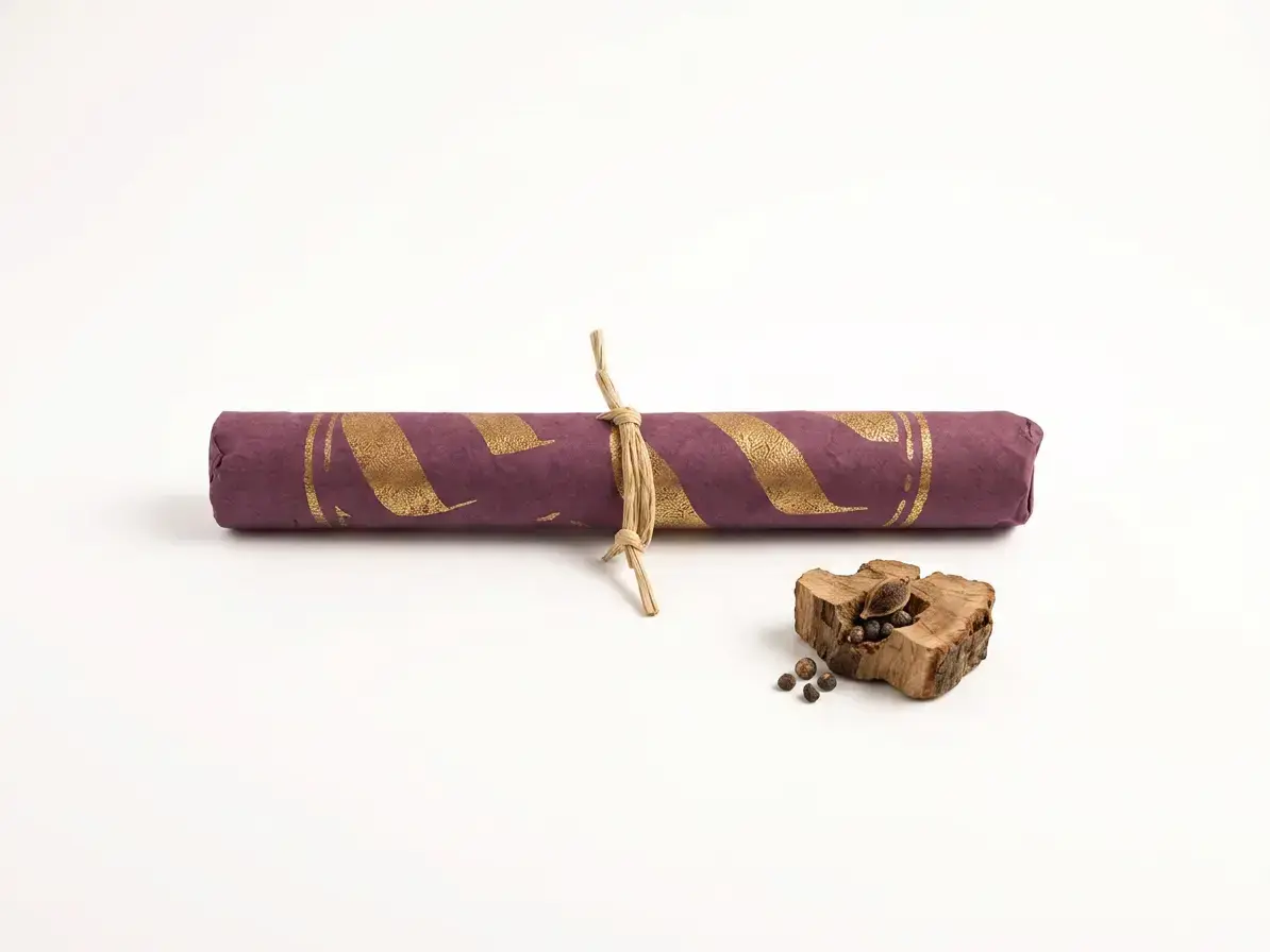 Nyang Dey 30 incense wrapped in purple paper with a gold pattern, tied with string, beside a piece of wood and small dark seeds