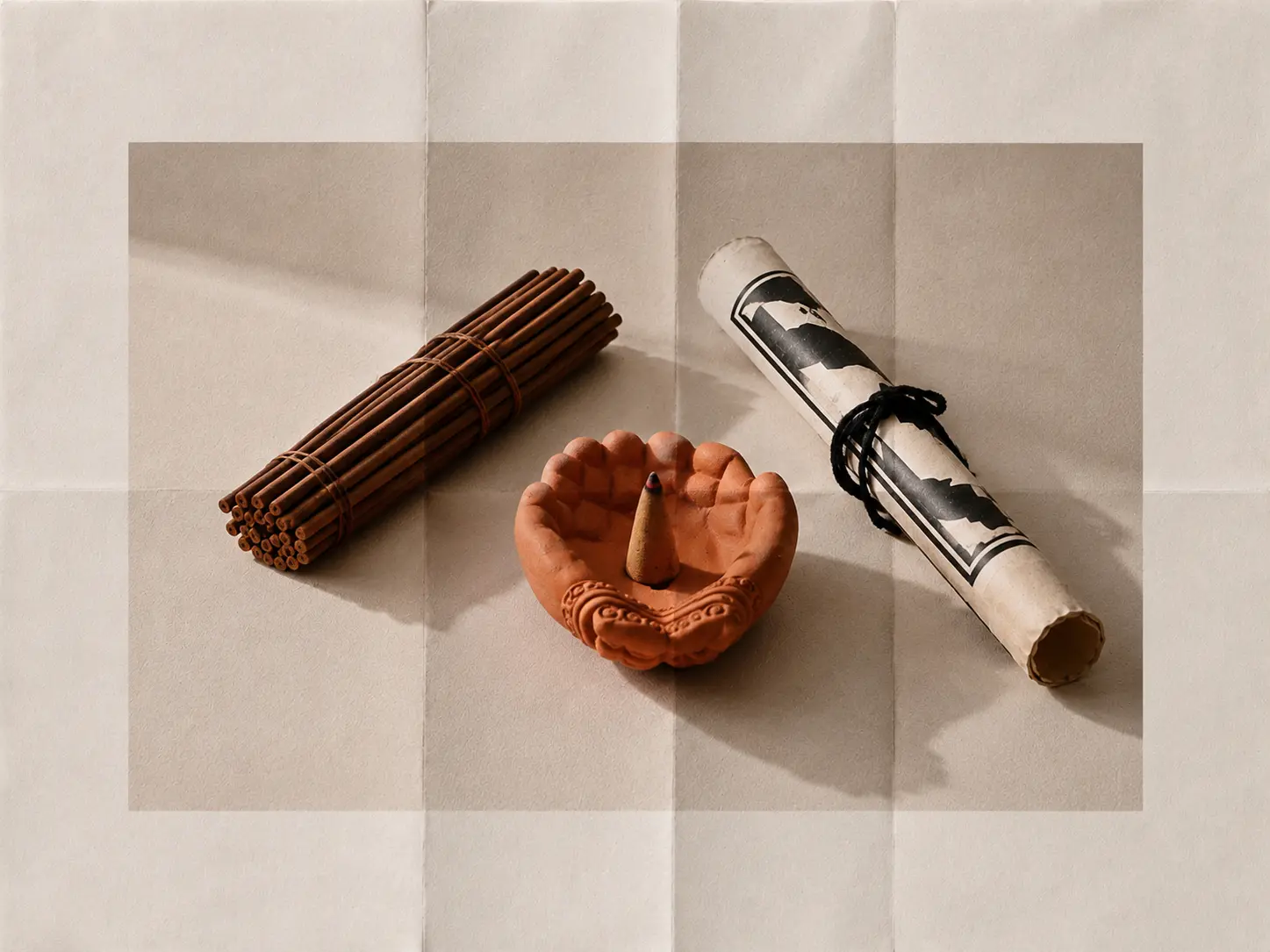 Three hand-shaped red terracotta incense holders arranged on a light surface in warm sunlight