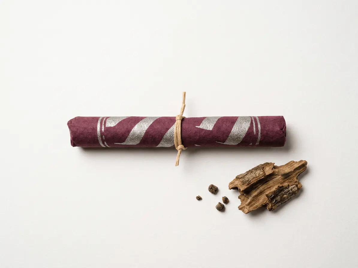Rongwo 35 incense wrapped in burgundy paper with a silver pattern, tied with string, beside pieces of wood and small seeds