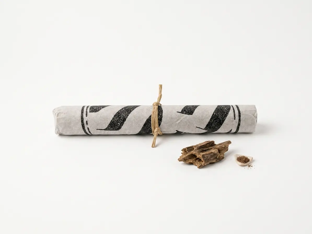 Smoky Sman — Gla Tsi 32.2 incense wrapped in patterned paper and tied with string, beside wood pieces and powder