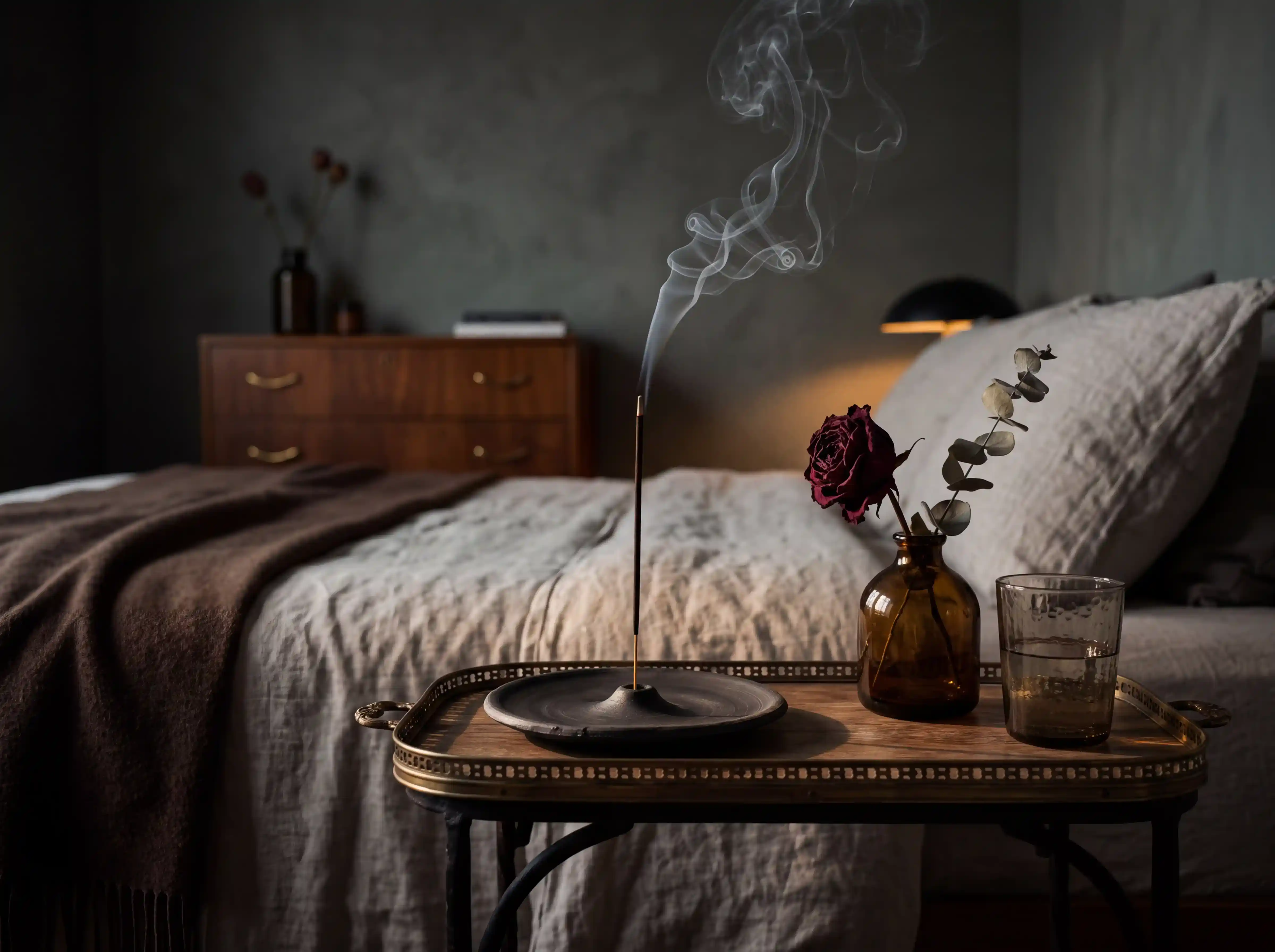 Incense burning in a holder on a bedside table beside a vase of flowers in a softly lit bedroom
