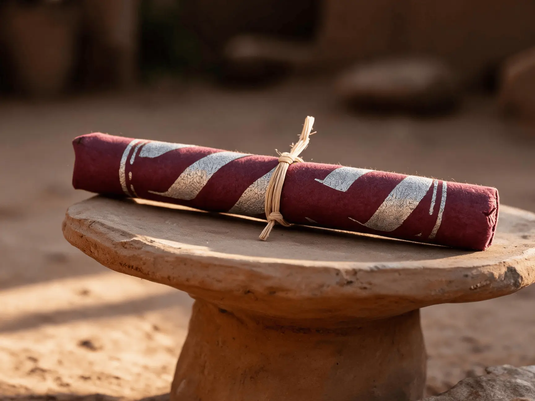 Paper-wrapped incense resting on a round stone table outdoors