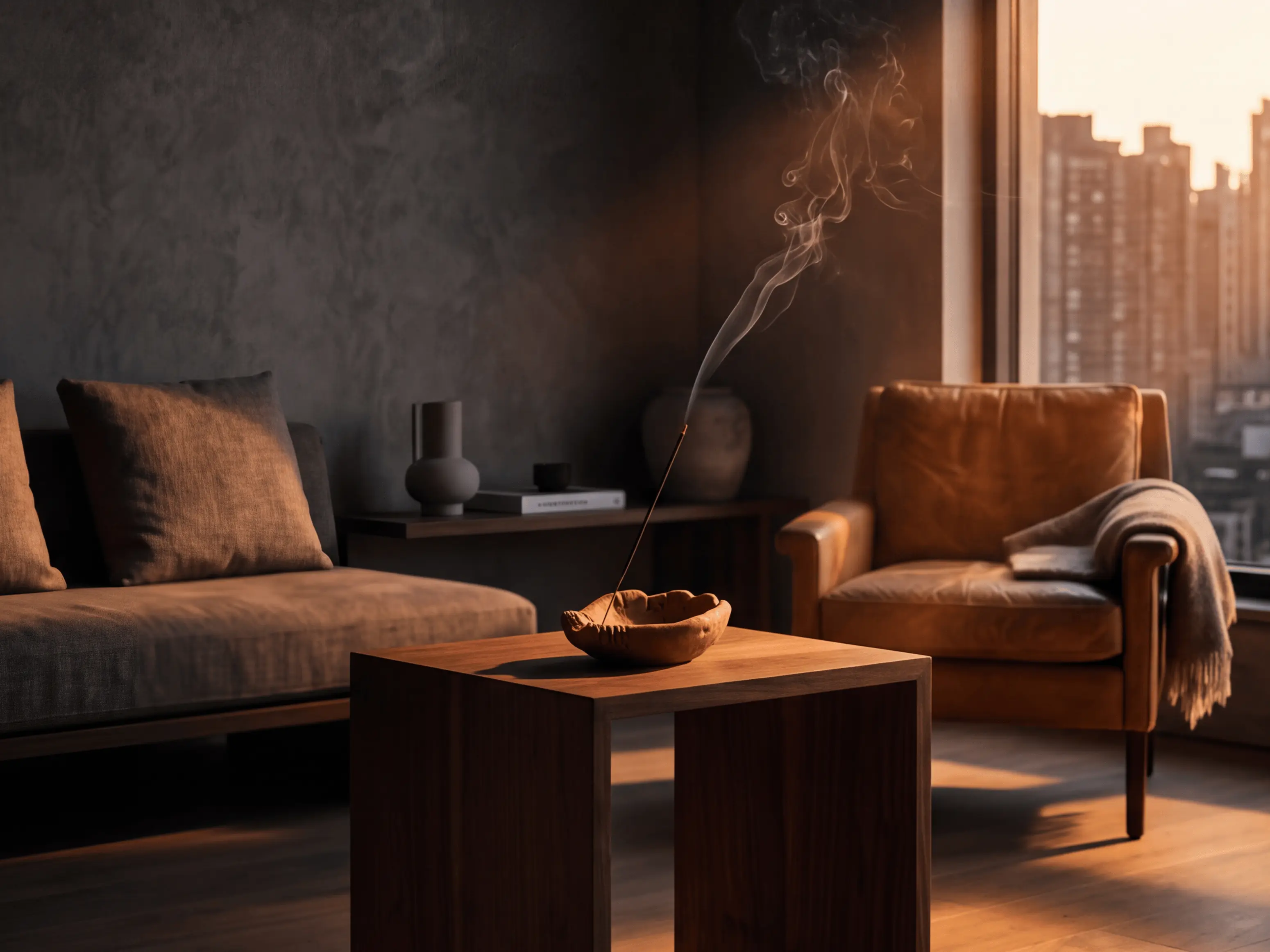 Incense smoke rising in a warmly lit living room with a sofa, armchair, and wooden table at dusk
