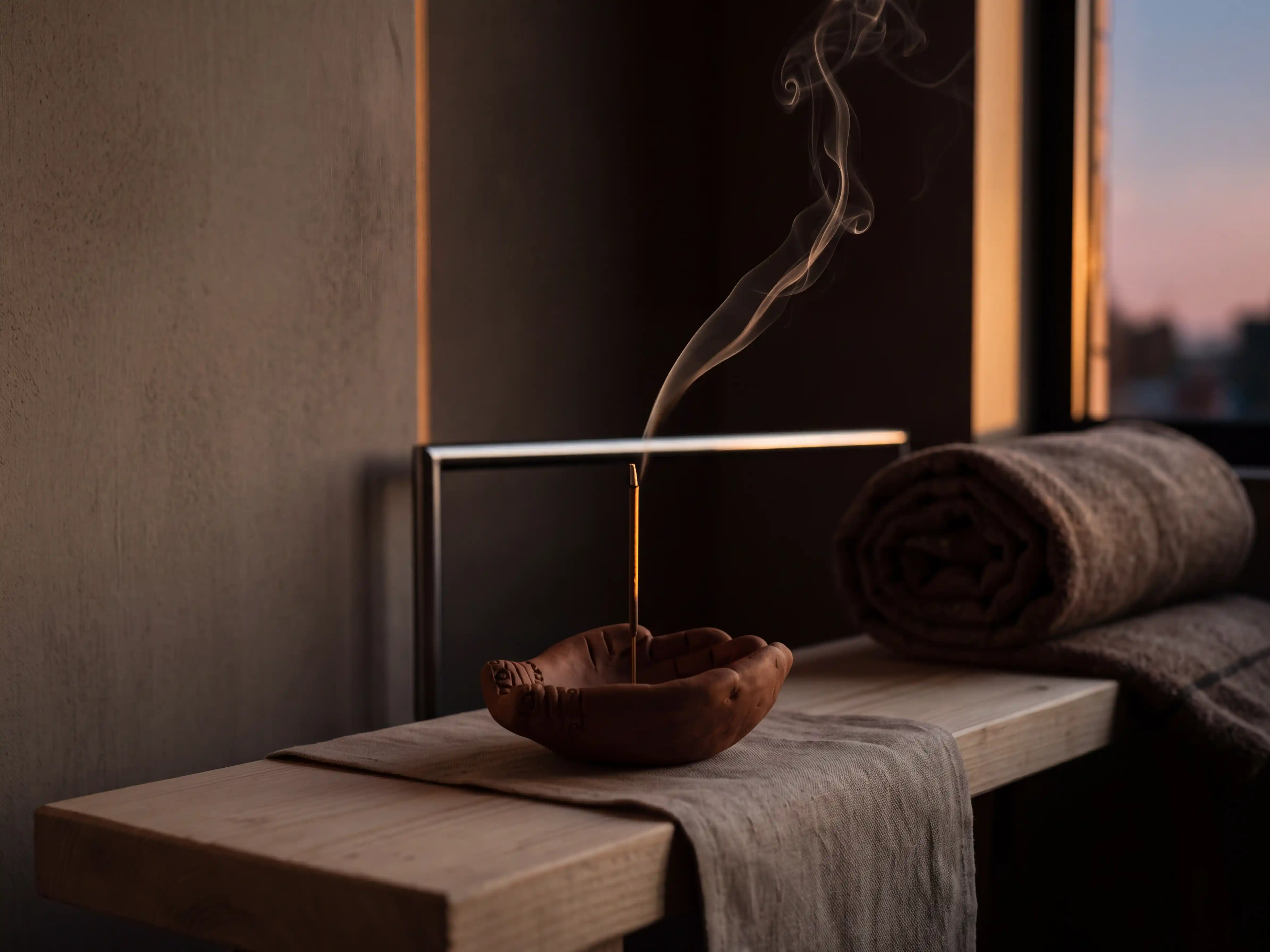 Smoky Sman Tibetan incense burning in a holder beside a window