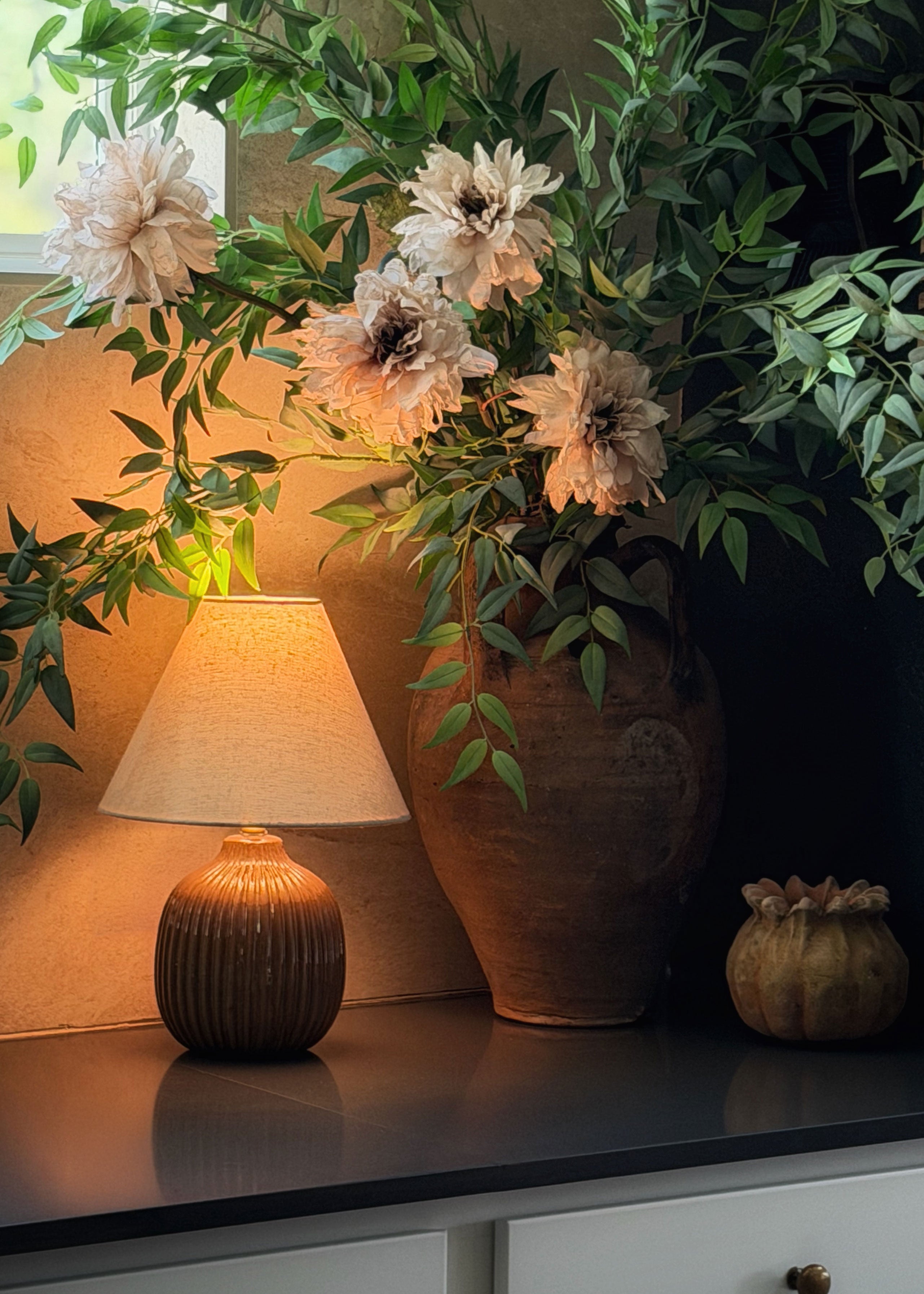 dahlia and ruscus arrangement