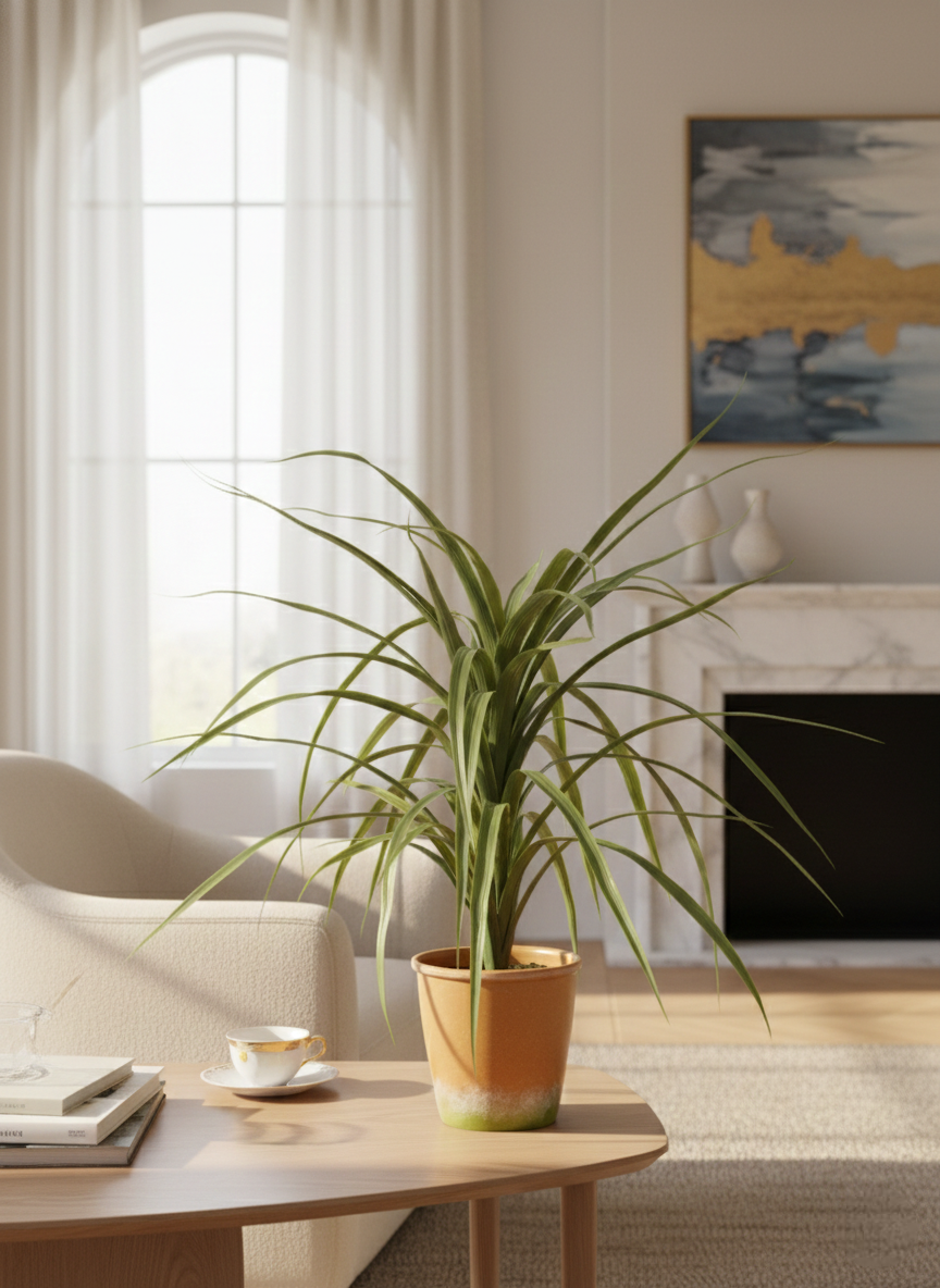Potted plant on a coffee table in a living room with a fireplace and painting.