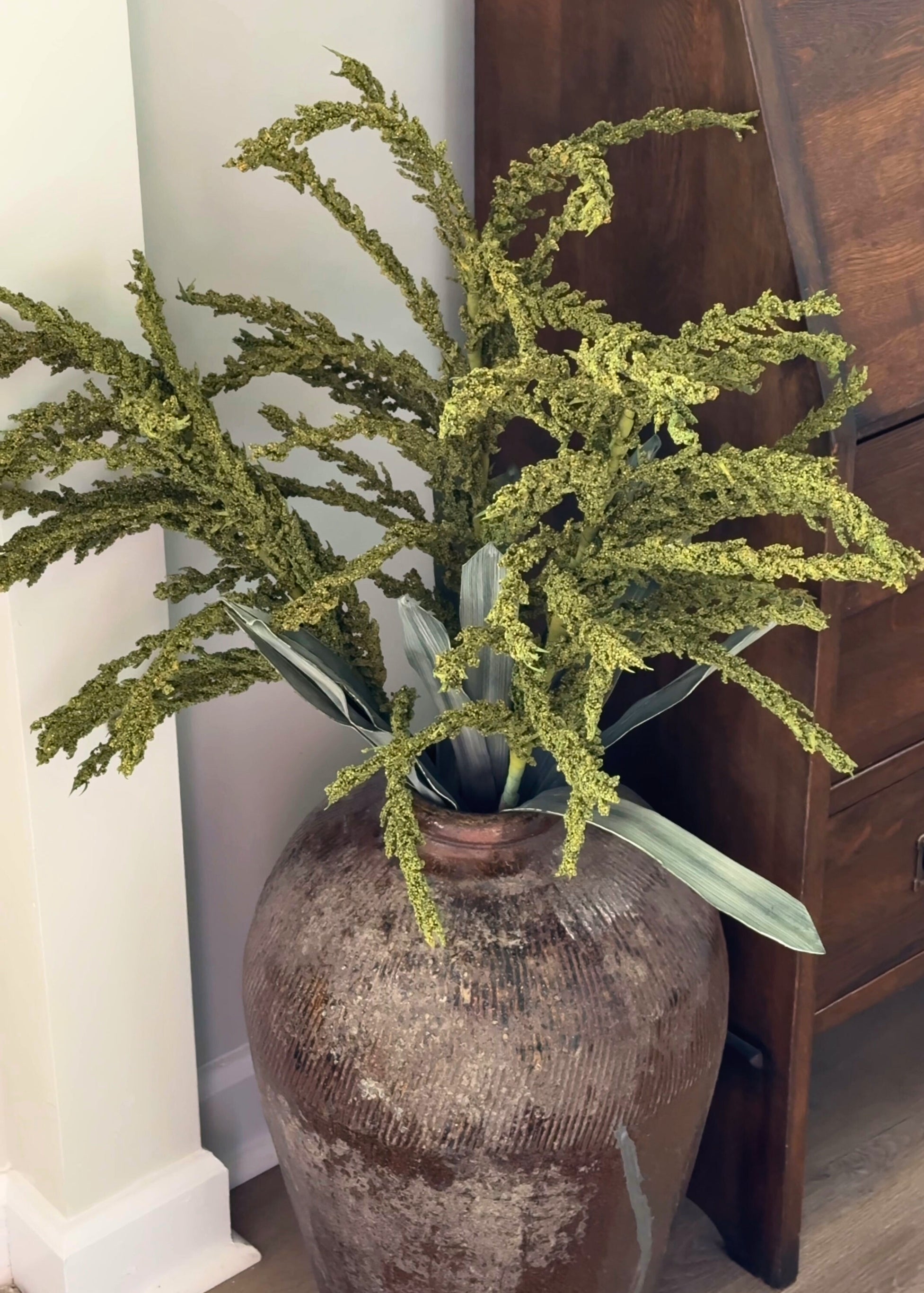 Decorative green seed plant in a textured vase