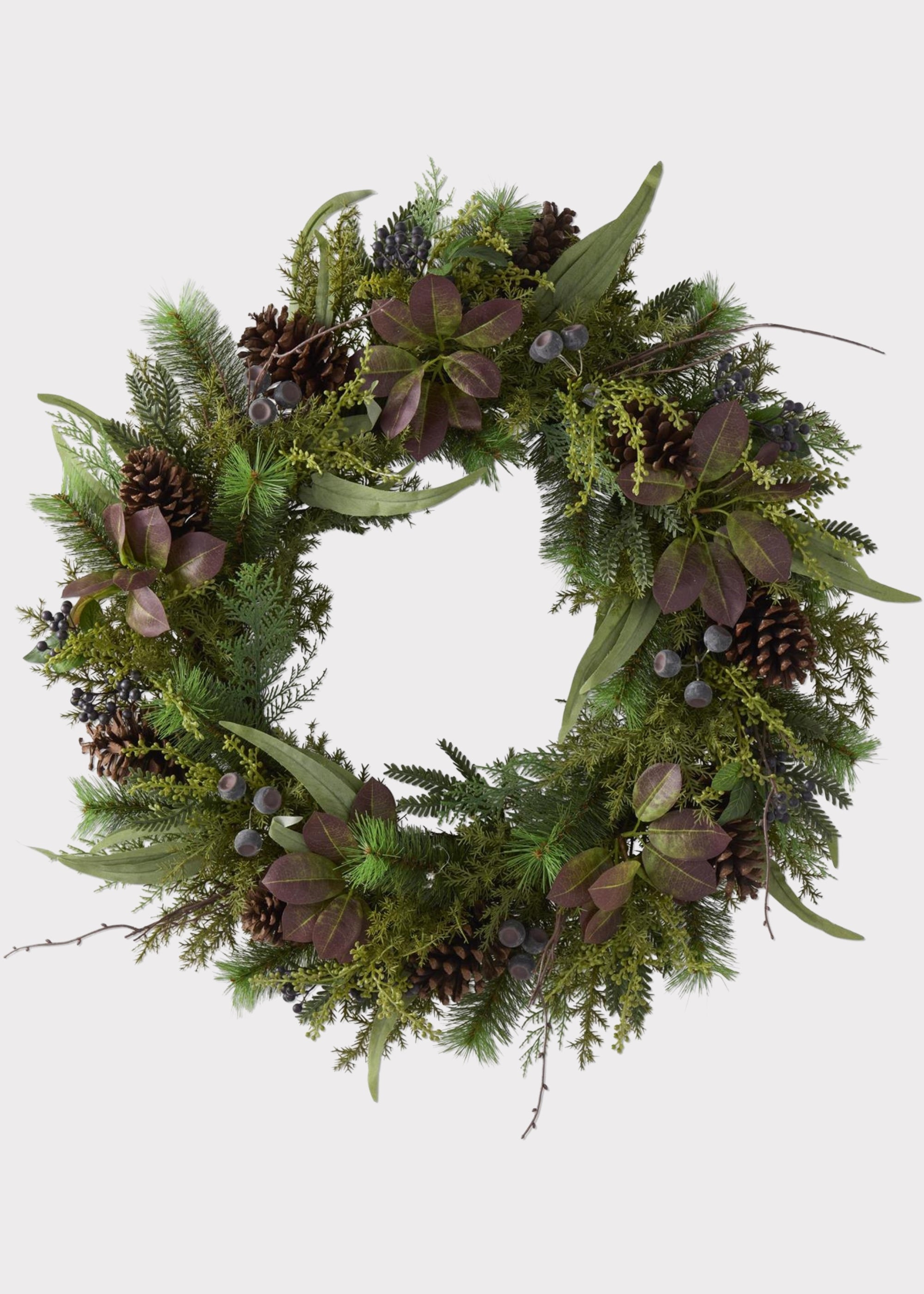 Fake Pine and Cone Holiday Wreath with Purple Green Leaves