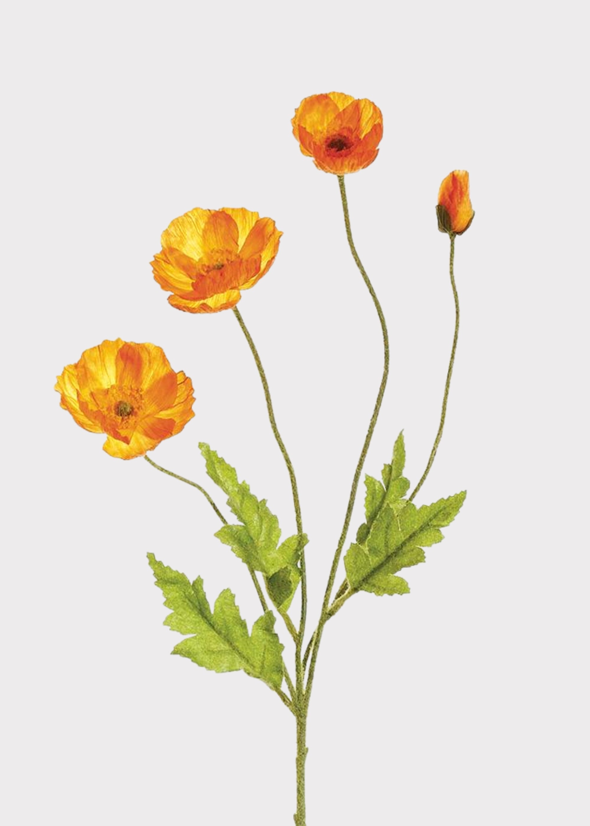 Orange artificial poppy flower spray with lifelike petals and buds