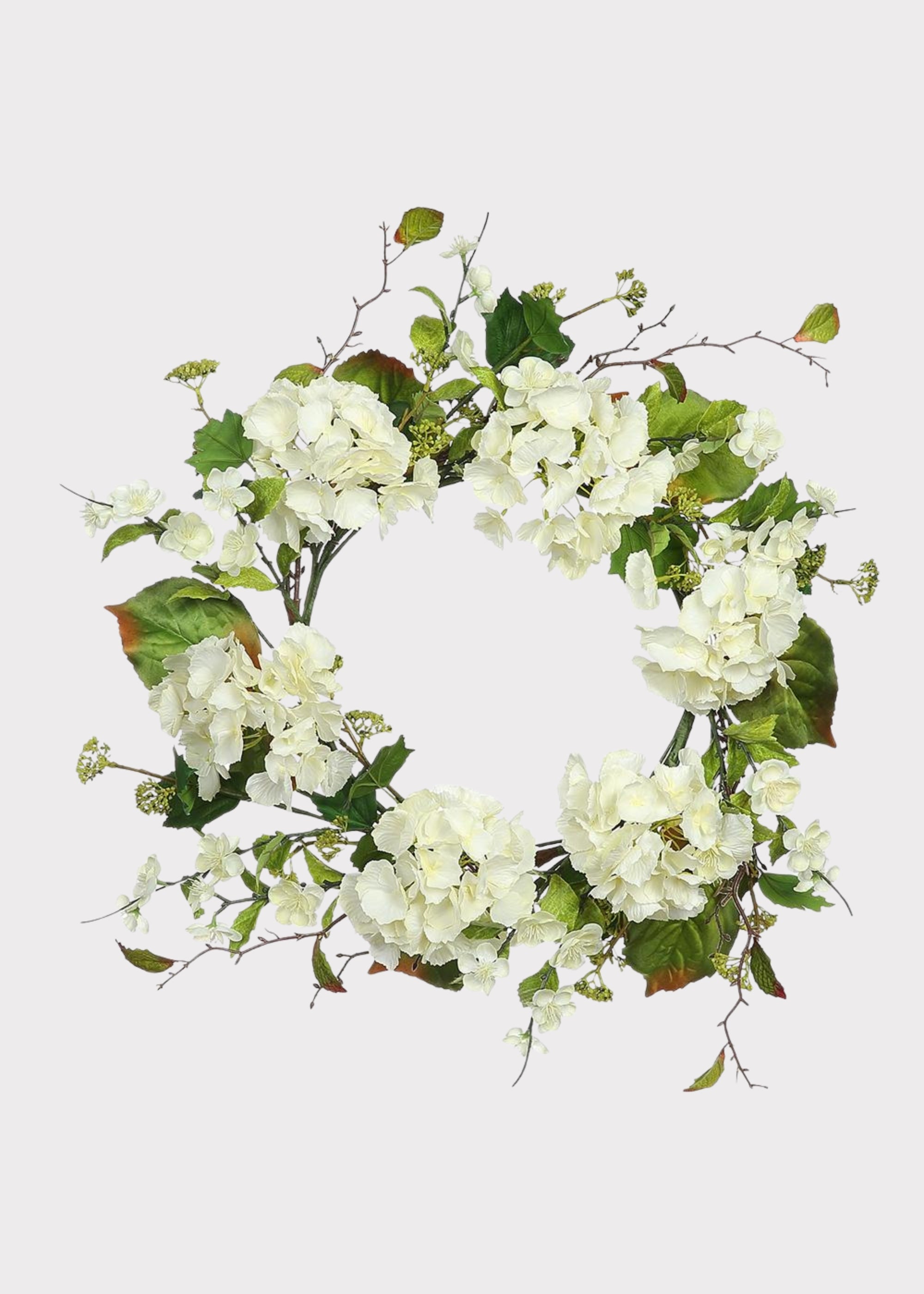 Artificial Hydrangea and Foliage Wreath in Cream Green