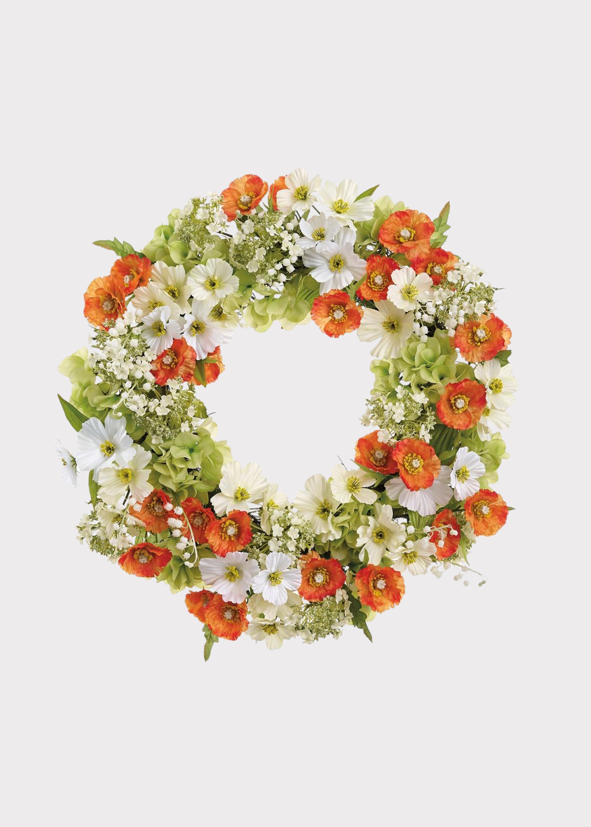 Orange and White Fake Poppy Wreath with Snowball Flowers