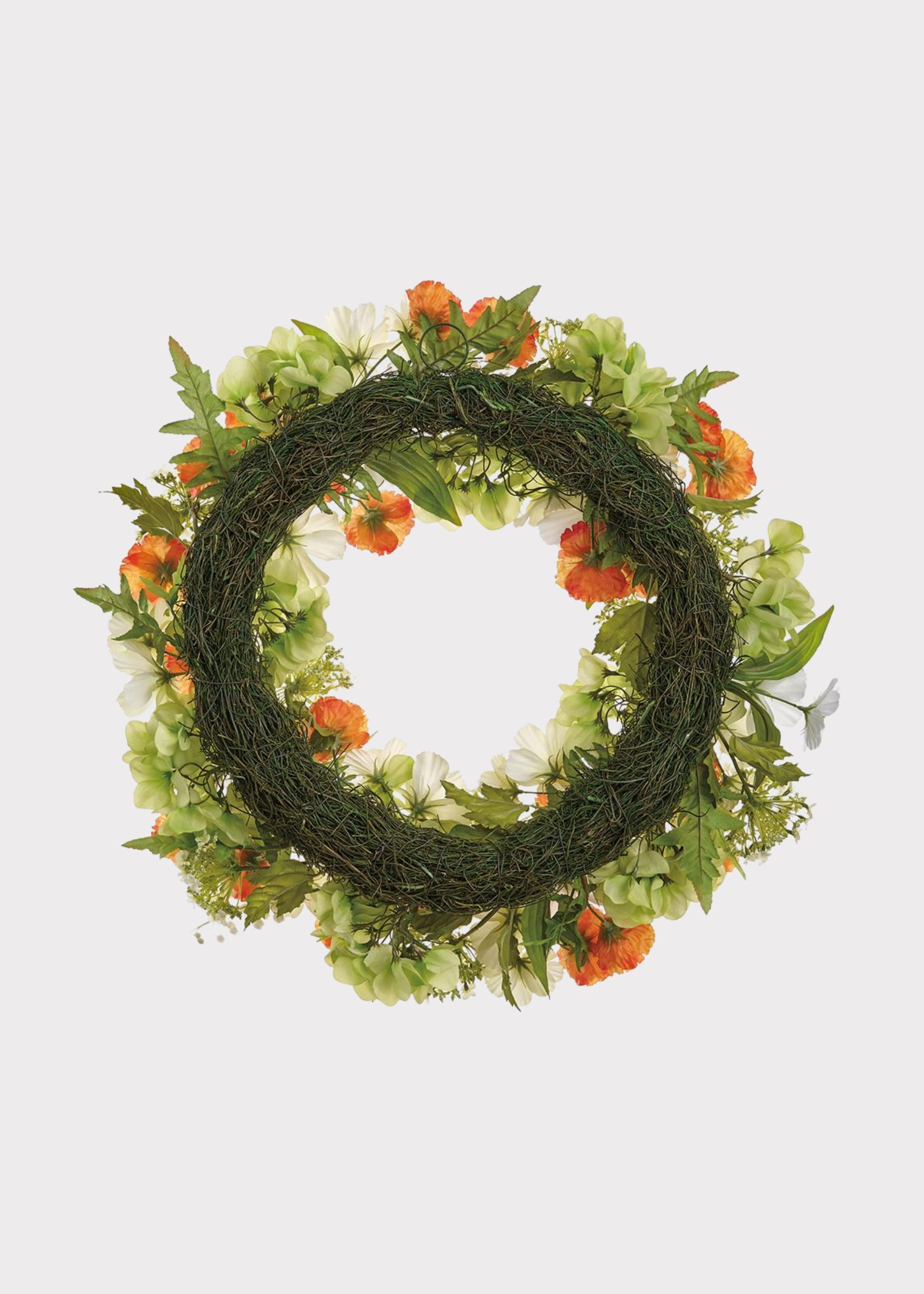 Back of Orange and White Fake Poppy Wreath with Snowball Flowers